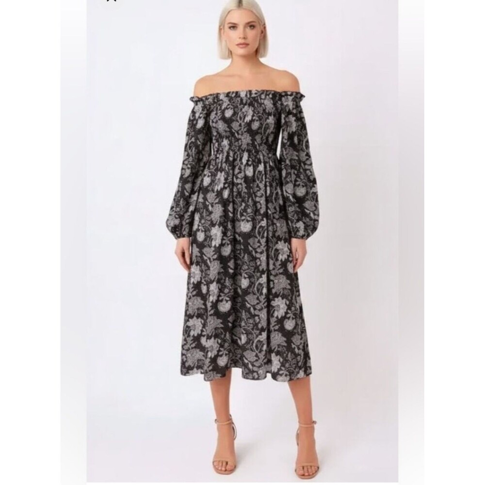 Mille Resort & Travel Catherine Midi Dress Black Floral Smocked Off Shoulder S